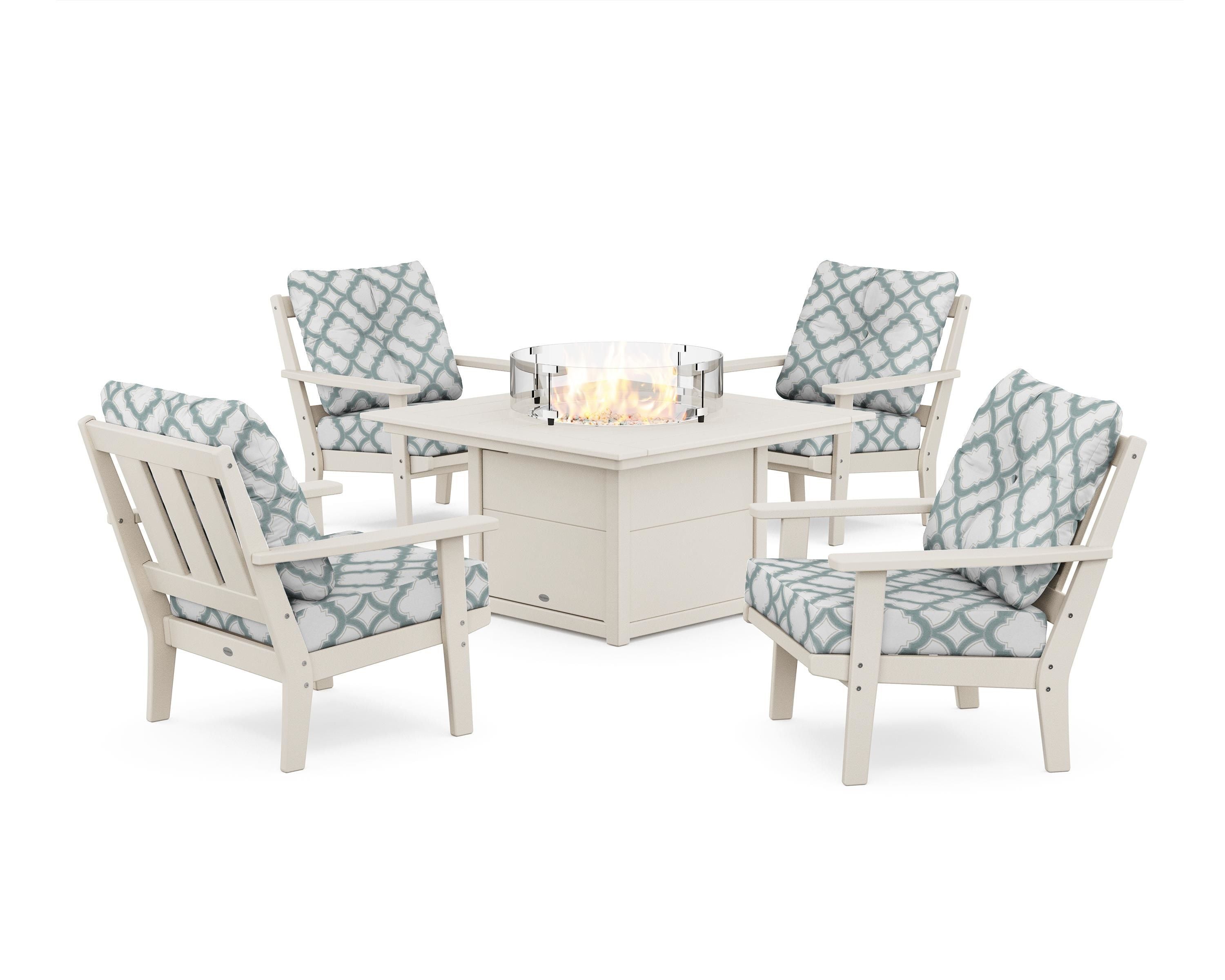 POLYWOOD® Oxford 5-Piece Deep Seating Set with Fire Pit Table in Sand / Trellis Glacier Spa