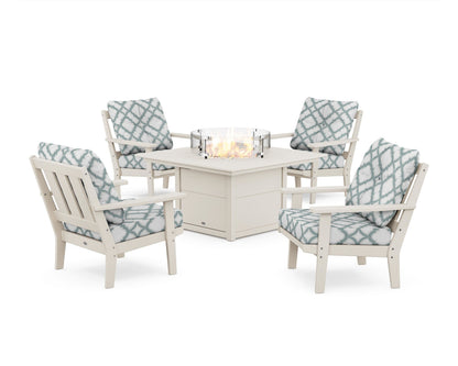 POLYWOOD® Oxford 5-Piece Deep Seating Set with Fire Pit Table in Sand / Trellis Glacier Spa