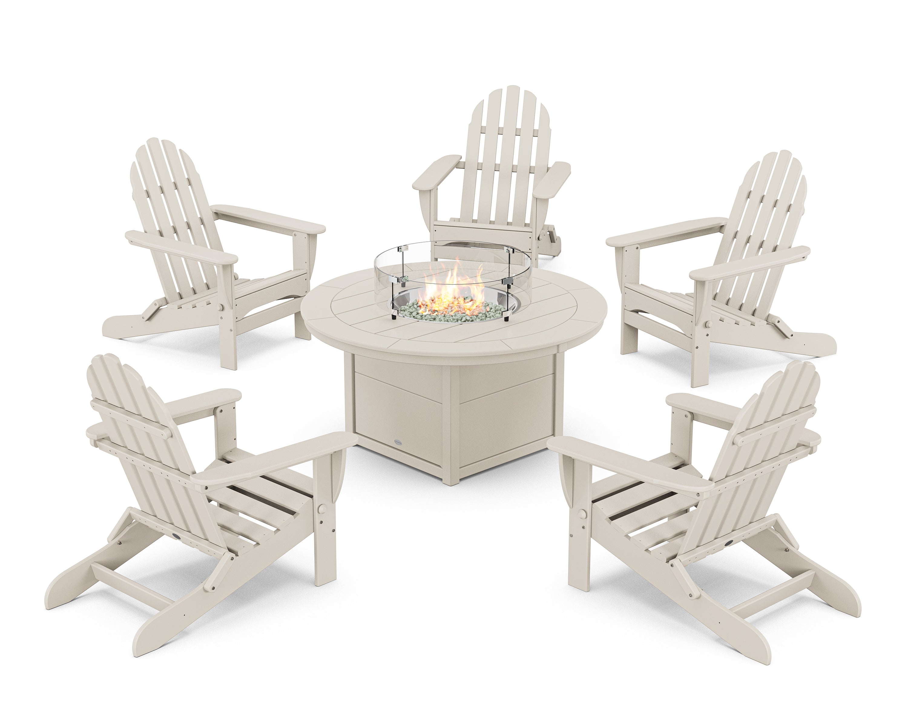 POLYWOOD® Classic Folding Adirondack 6-Piece Conversation Set with Fire Pit Table in Sand