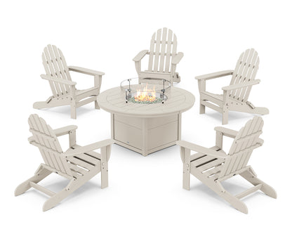POLYWOOD® Classic Folding Adirondack 6-Piece Conversation Set with Fire Pit Table in Sand