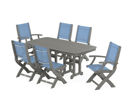 POLYWOOD® Coastal Folding Chair 7-Piece Dining Set in Slate Grey / Poolside Sling