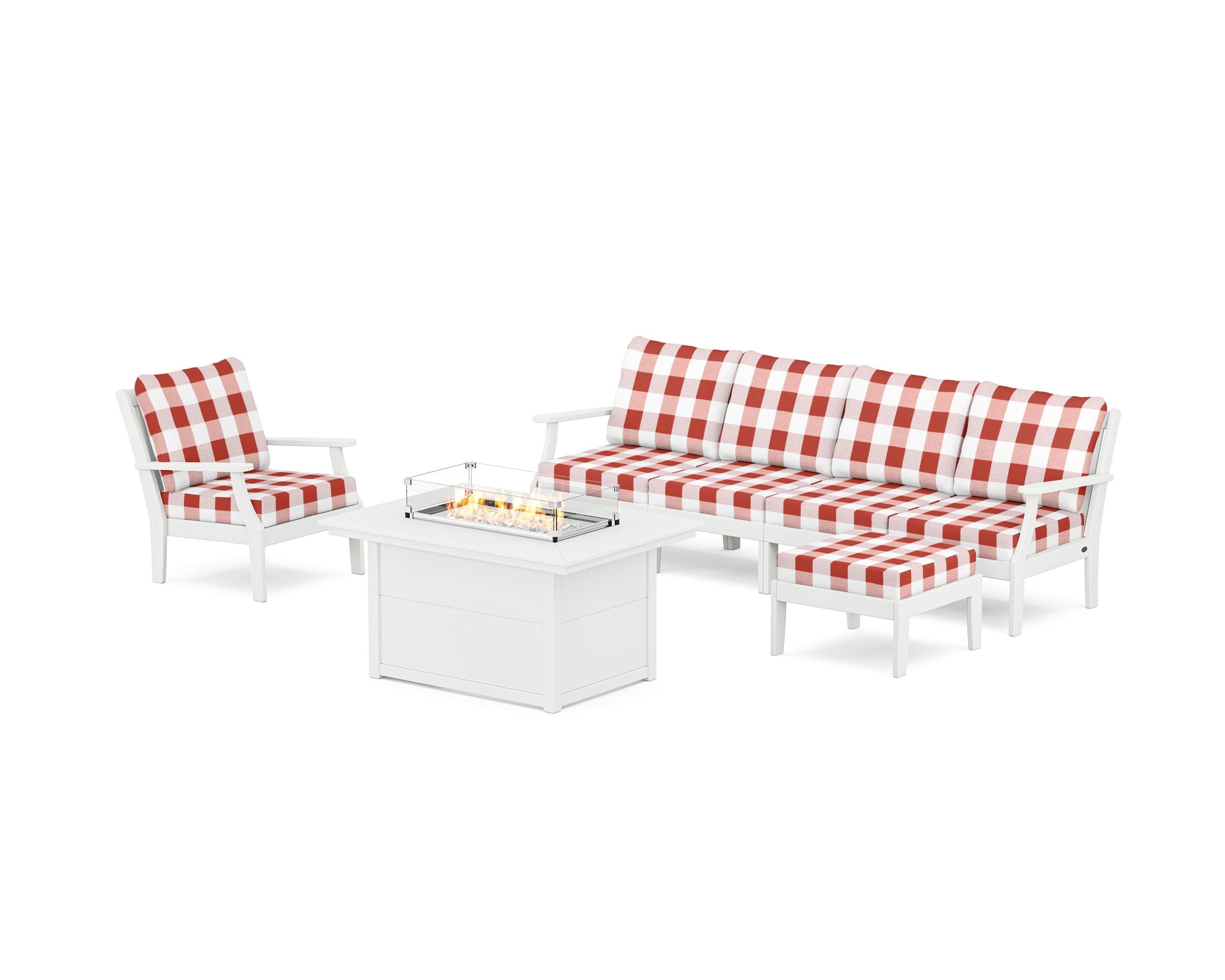 POLYWOOD® Braxton Sectional Lounge and Fire Pit Set in White / Buffalo Plaid Crimson