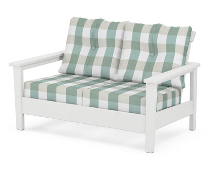 POLYWOOD® Prescott Deep Seating Loveseat in White / Buffalo Plaid Glacier Spa