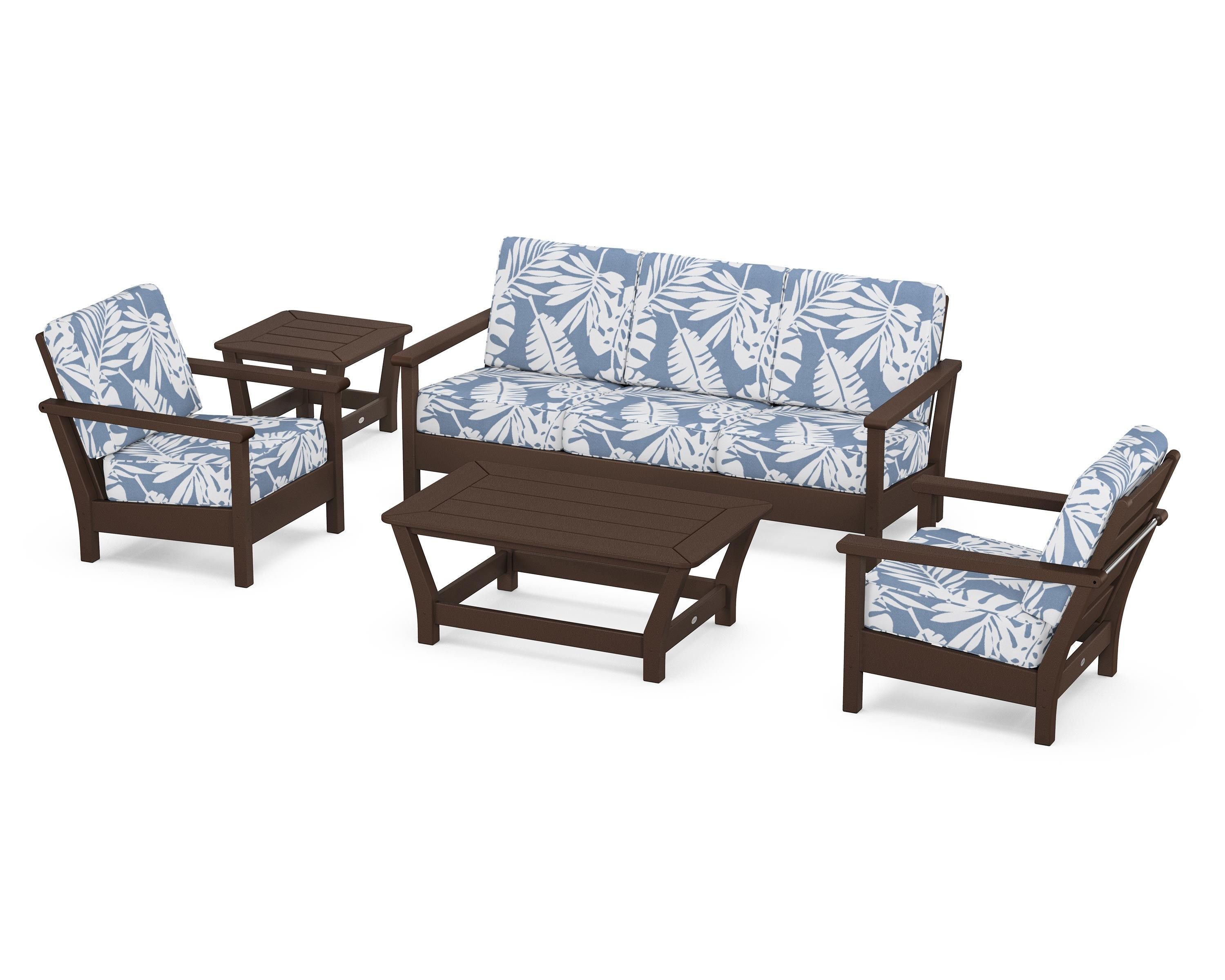 POLYWOOD® Harbour 5-Piece Deep Seating Set in Mahogany / Leaf Sky Blue
