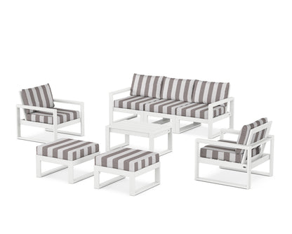 POLYWOOD® EDGE Sectional 8-Piece Lounge Sofa Set in White / Cabana Stripe Grey Mist