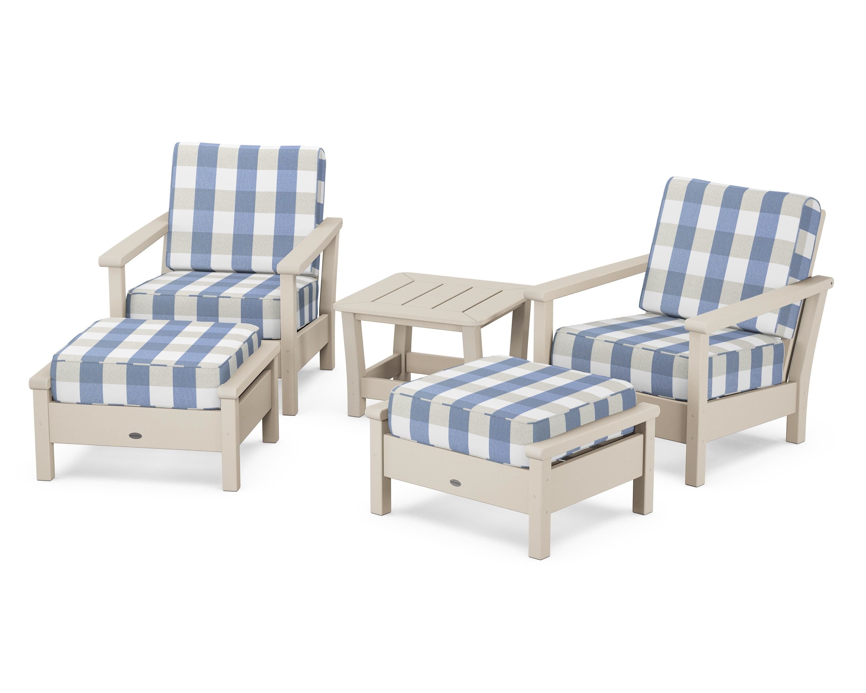 POLYWOOD® Harbour 5-Piece Deep Seating Chair Set in Sand / Buffalo Plaid Sky Blue