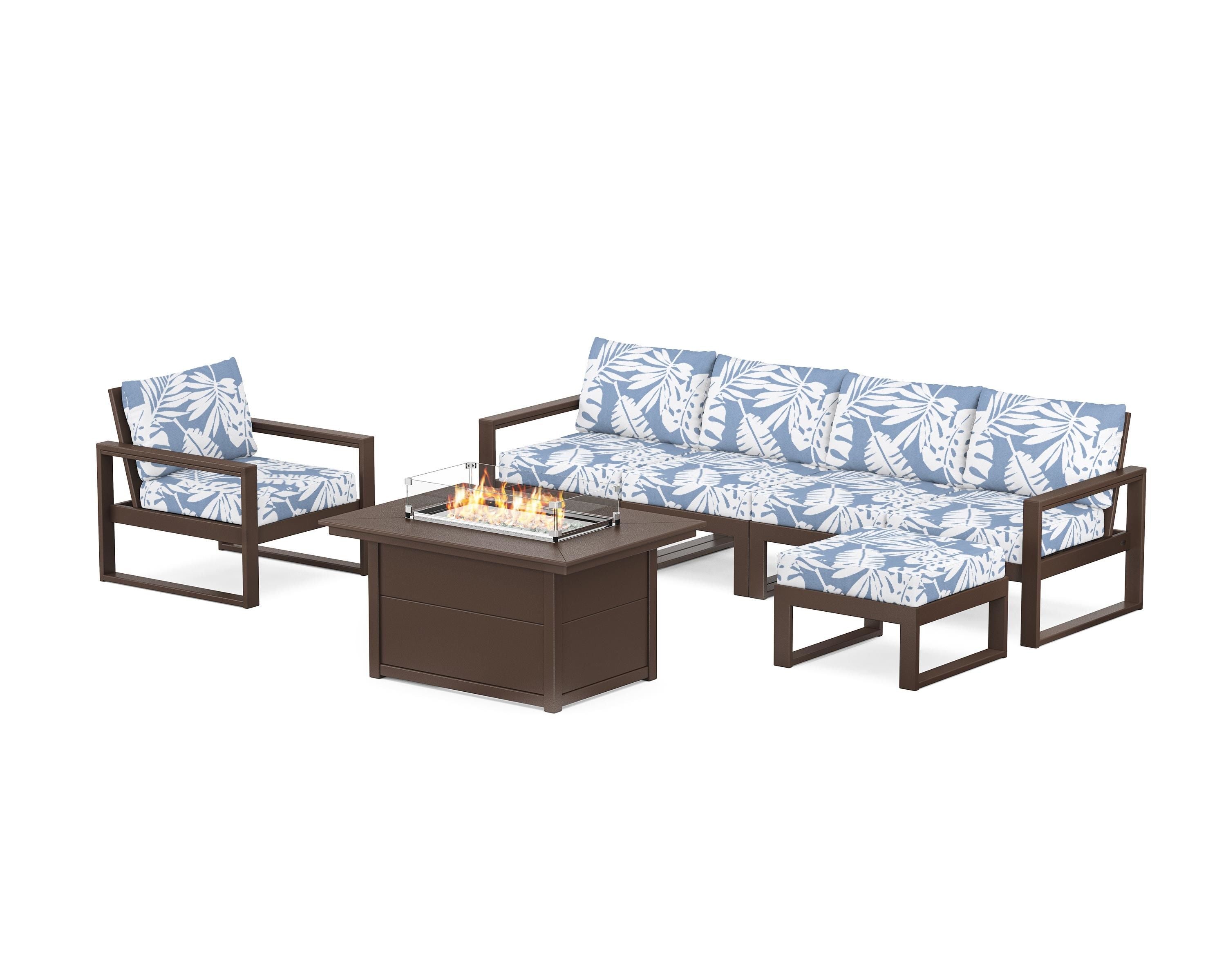 POLYWOOD® EDGE Sectional Lounge and Fire Pit Set in Mahogany / Leaf Sky Blue