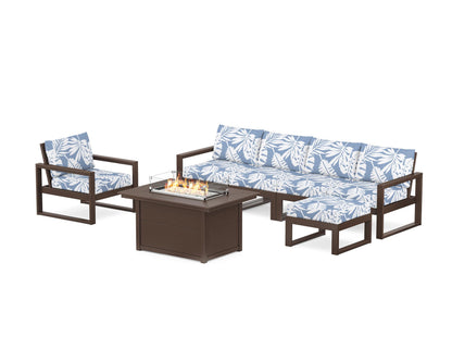 POLYWOOD® EDGE Sectional Lounge and Fire Pit Set in Mahogany / Leaf Sky Blue