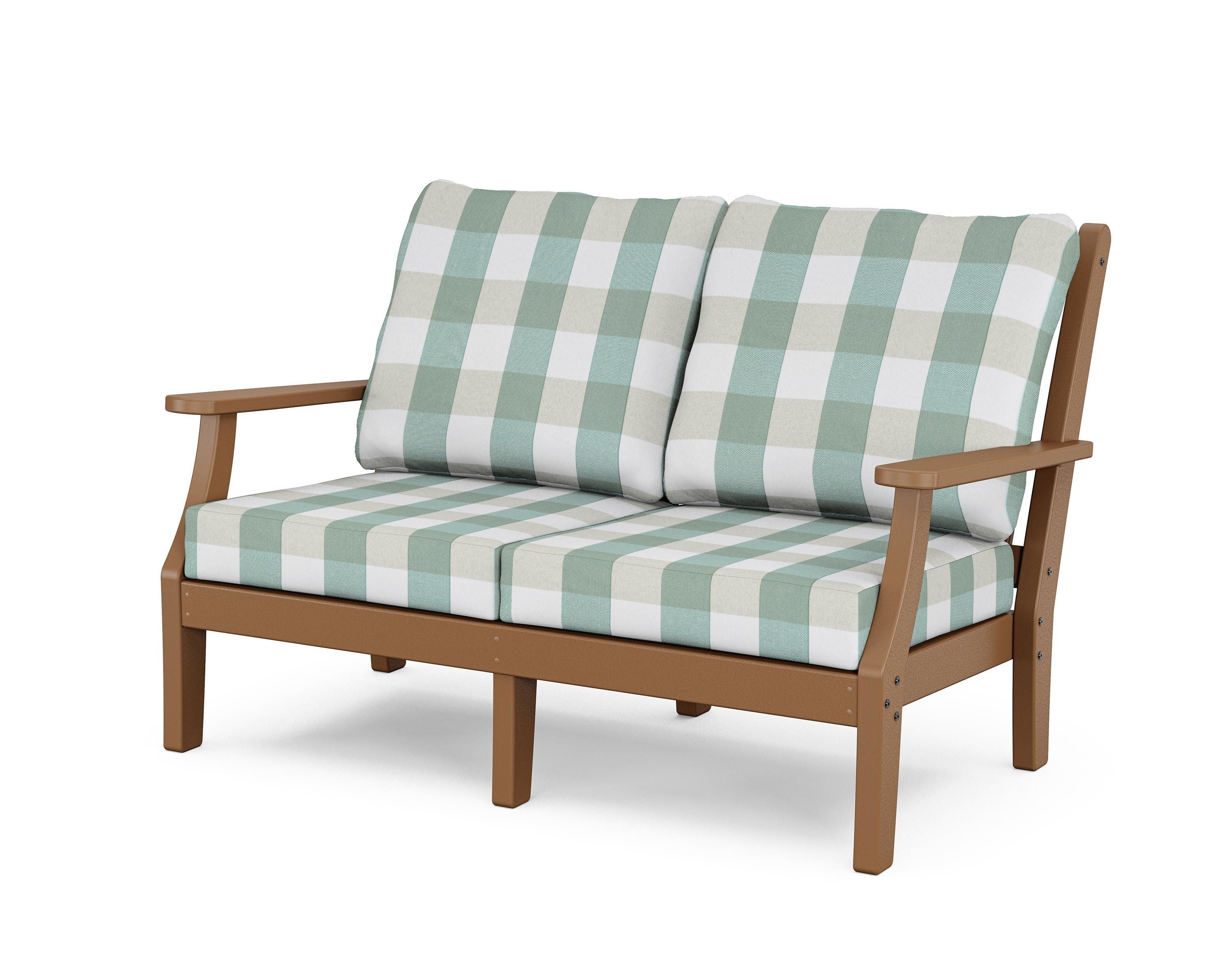 Country Living Wovendale Deep Seating Loveseat in Teak / Buffalo Plaid Glacier Spa