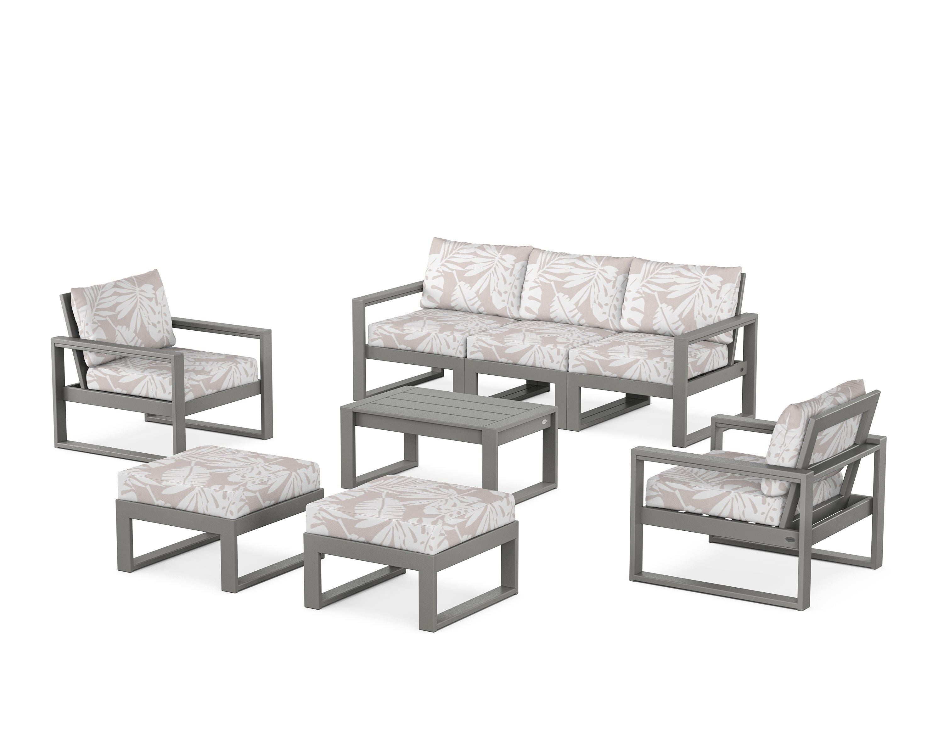 POLYWOOD® EDGE Sectional 8-Piece Lounge Sofa Set in Slate Grey / Leaf Dune Burlap
