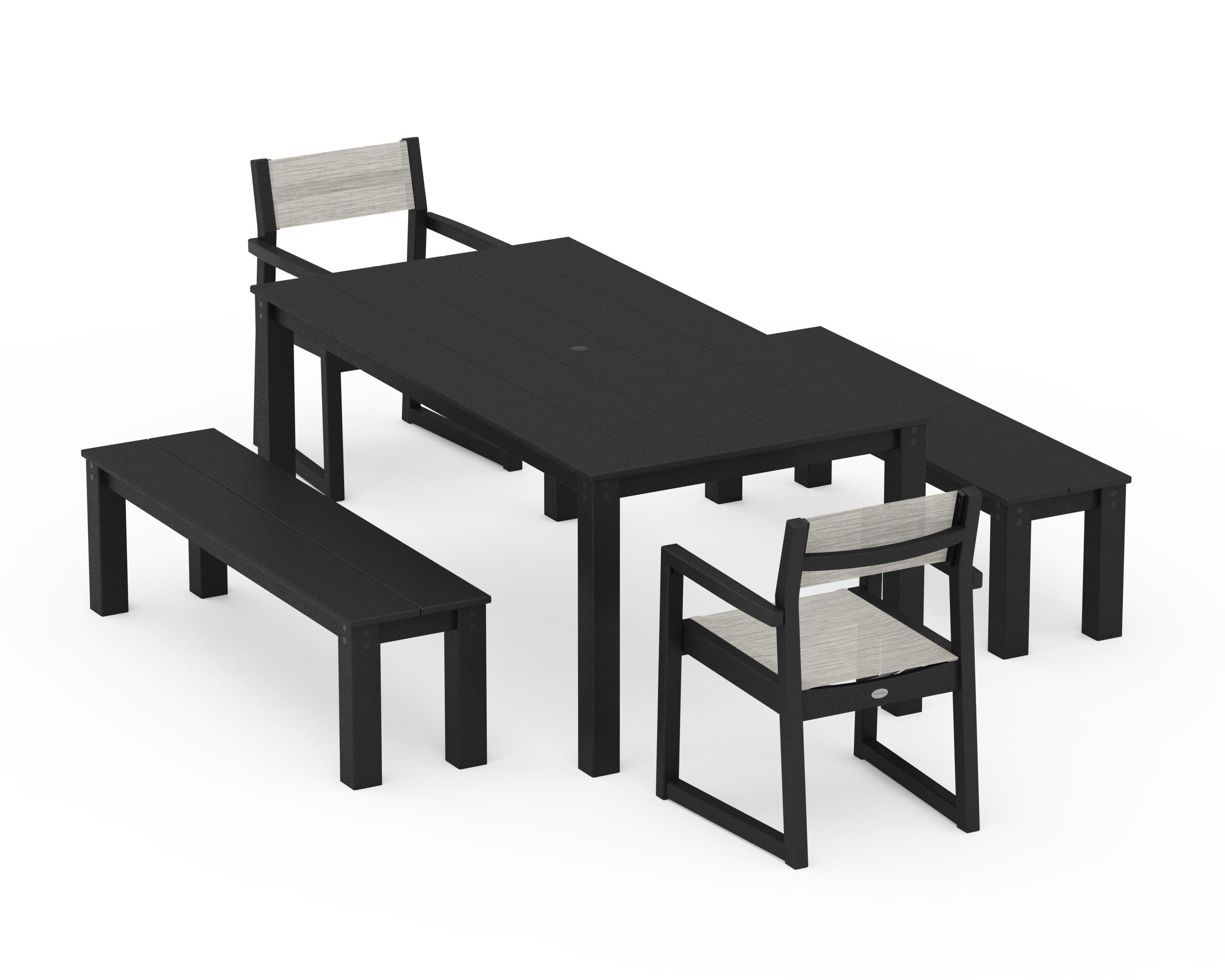 POLYWOOD® EDGE Sling Arm Chair 5-Piece Parsons Dining Set with Benches in Black / Birch Sling
