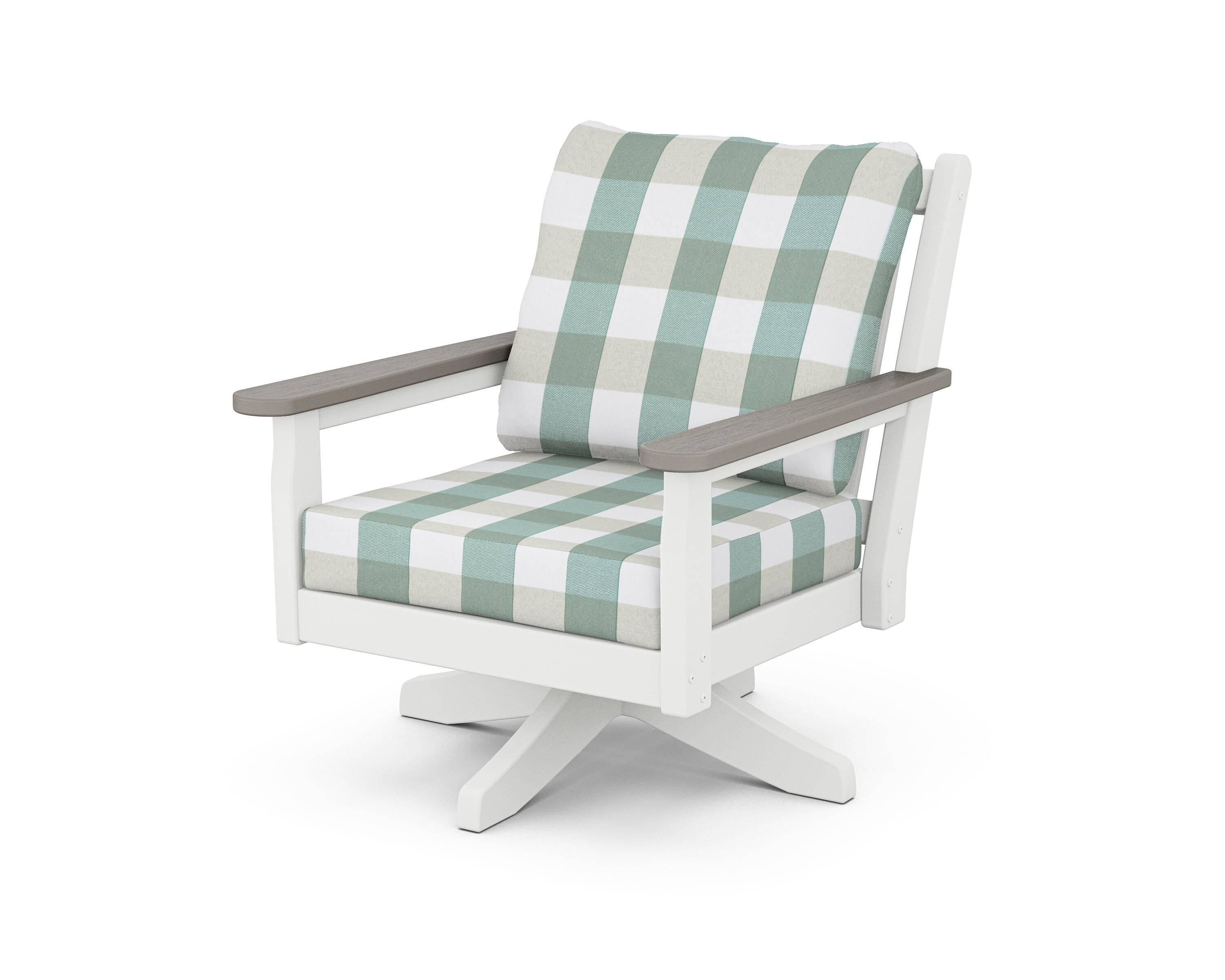 POLYWOOD® Chippendale Deep Seating Swivel Chair in White / Driftwood / Buffalo Plaid Glacier Spa