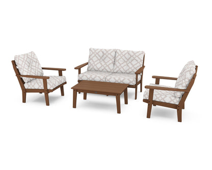 POLYWOOD® Lakeside 4-Piece Deep Seating Set in Teak / Trellis Dune Burlap