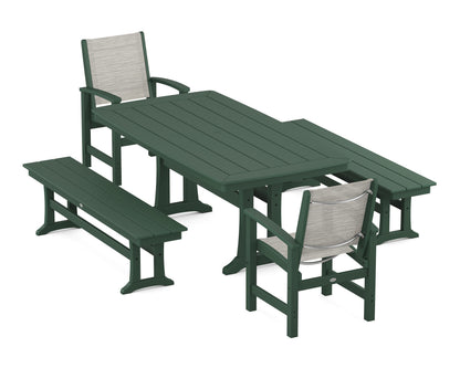 POLYWOOD® Coastal 5-Piece Dining Set with Trestle Legs and Benches in Green / Birch Sling