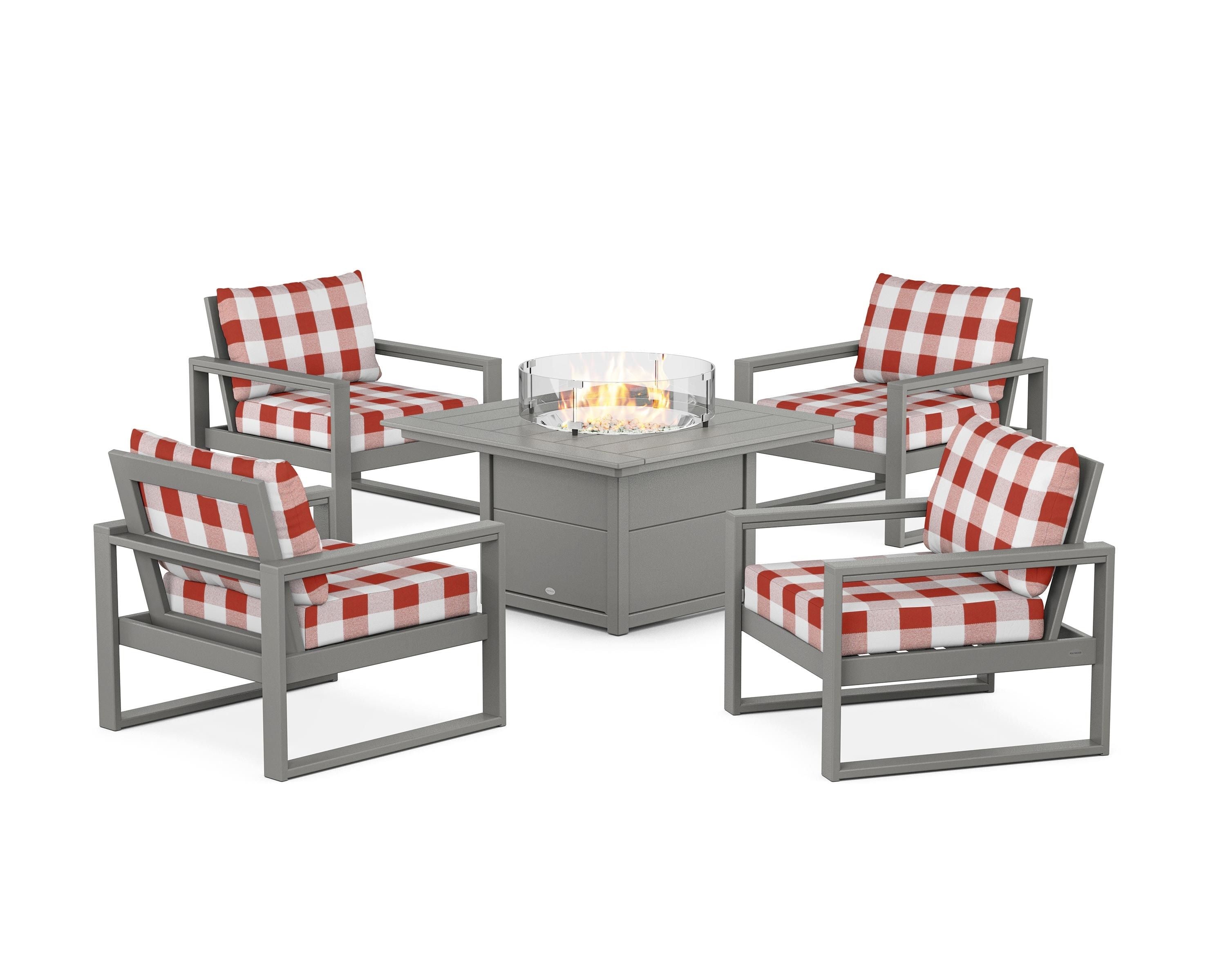 POLYWOOD® EDGE Sectional 5-Piece Deep Seating Set with Fire Pit Table in Slate Grey / Buffalo Plaid Crimson