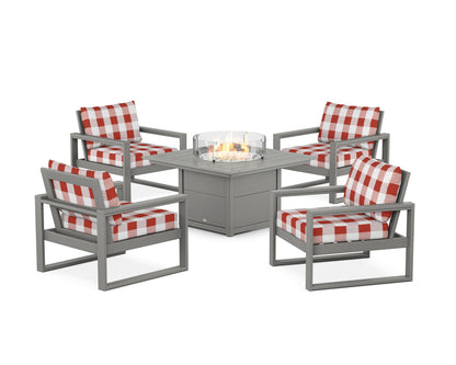 POLYWOOD® EDGE Sectional 5-Piece Deep Seating Set with Fire Pit Table in Slate Grey / Buffalo Plaid Crimson