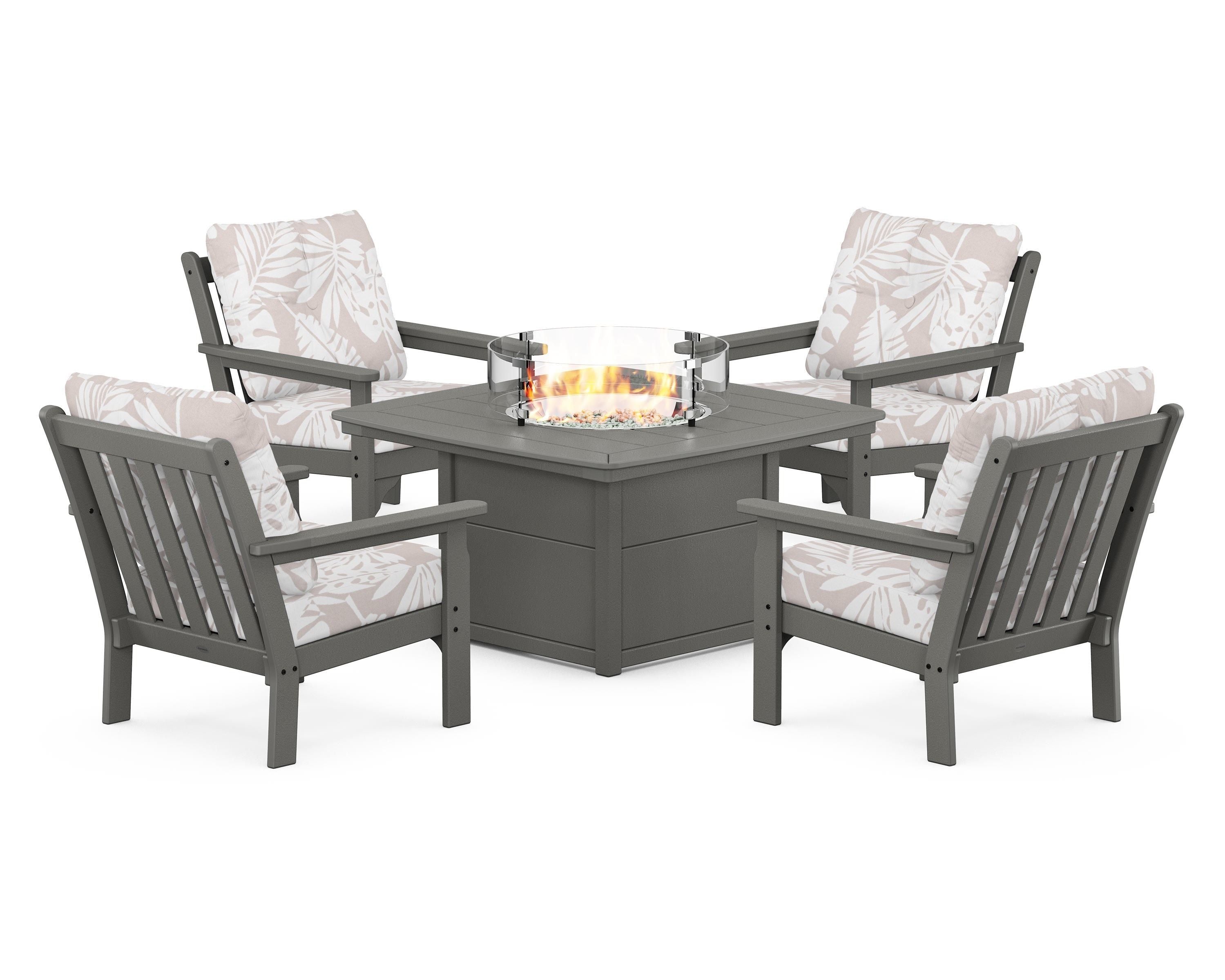 POLYWOOD® Vineyard 5-Piece Conversation Set with Fire Pit Table in Slate Grey / Leaf Dune Burlap