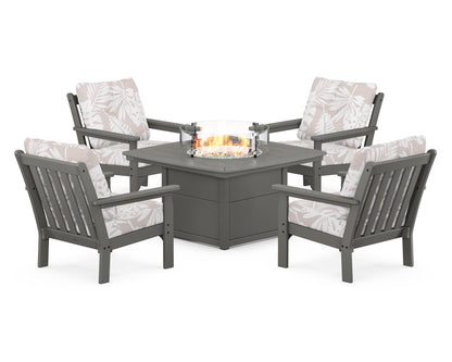 POLYWOOD® Vineyard 5-Piece Conversation Set with Fire Pit Table in Slate Grey / Leaf Dune Burlap