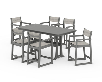 POLYWOOD® EDGE Sling Arm Chair 7-Piece Farmhouse Counter Set with Trestle Legs in Slate Grey / Birch Sling