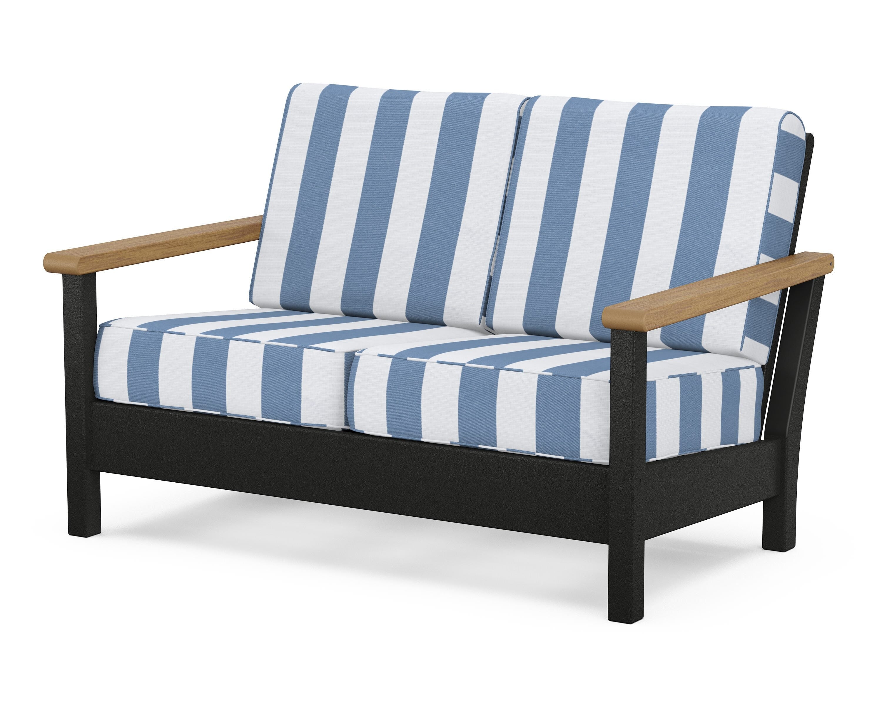 POLYWOOD® Harbour Deep Seating Loveseat in Black / Natural / Cabana Stripe Sky Blue