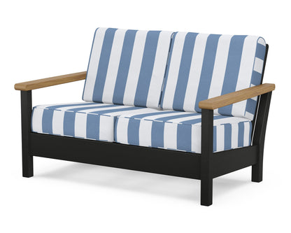 POLYWOOD® Harbour Deep Seating Loveseat in Black / Natural / Cabana Stripe Sky Blue