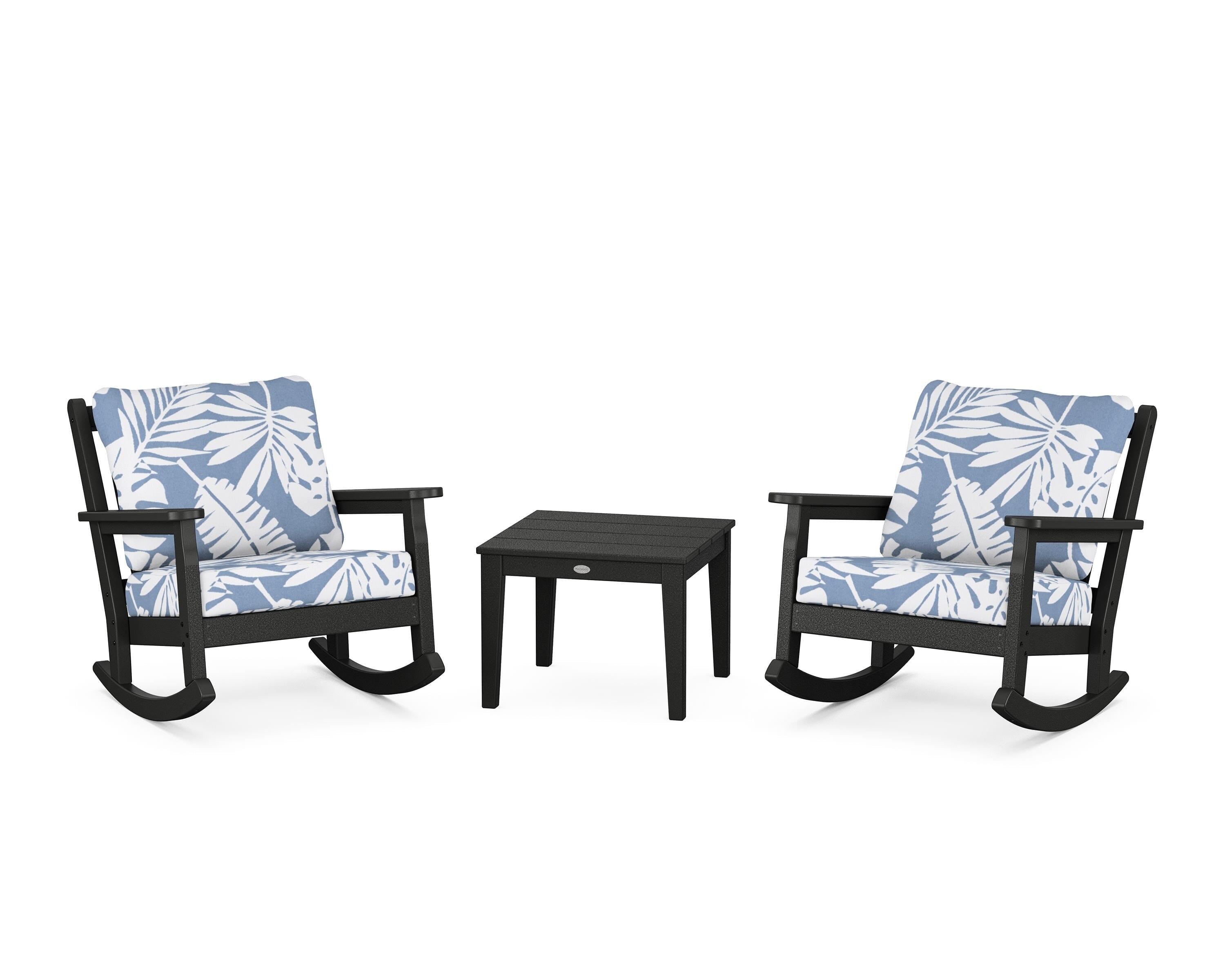 POLYWOOD® Chippendale 3-Piece Deep Seating Rocker Set in Black / Leaf Sky Blue