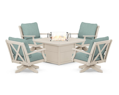 POLYWOOD® Braxton 5-Piece Deep Seating Swivel Conversation Set with Fire Pit Table in Sand / Glacier Spa