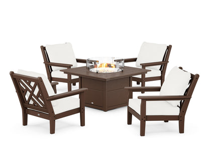 POLYWOOD® Chippendale 5-Piece Deep Seating Set with Fire Pit Table in Mahogany / Natural Linen