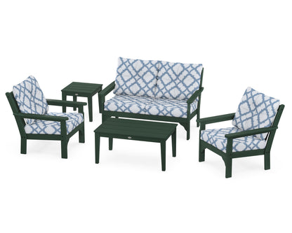 POLYWOOD® Vineyard 5-Piece Deep Seating Set in Green / Trellis Sky Blue