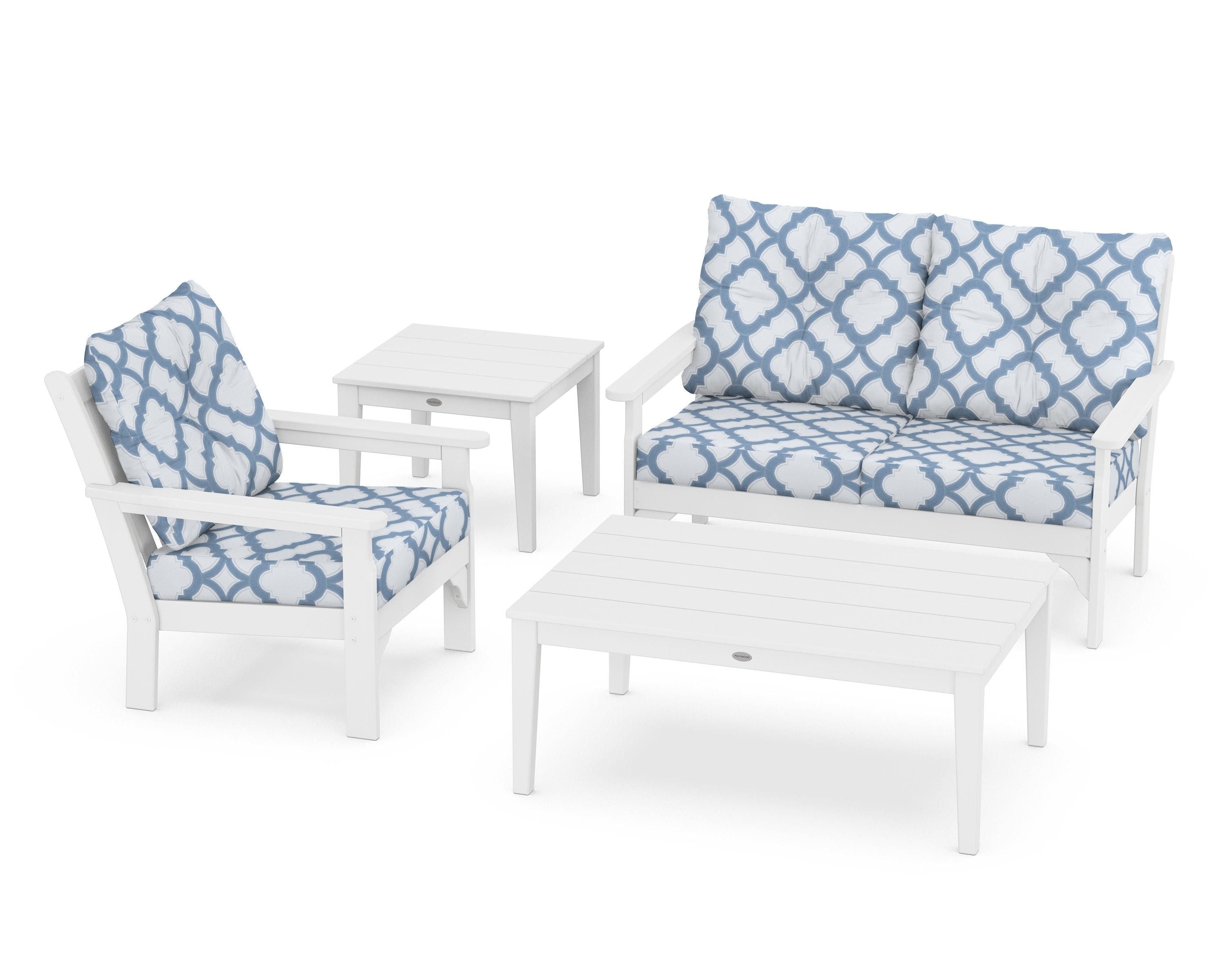 POLYWOOD® Vineyard 4-Piece Deep Seating Set in White / Trellis Sky Blue