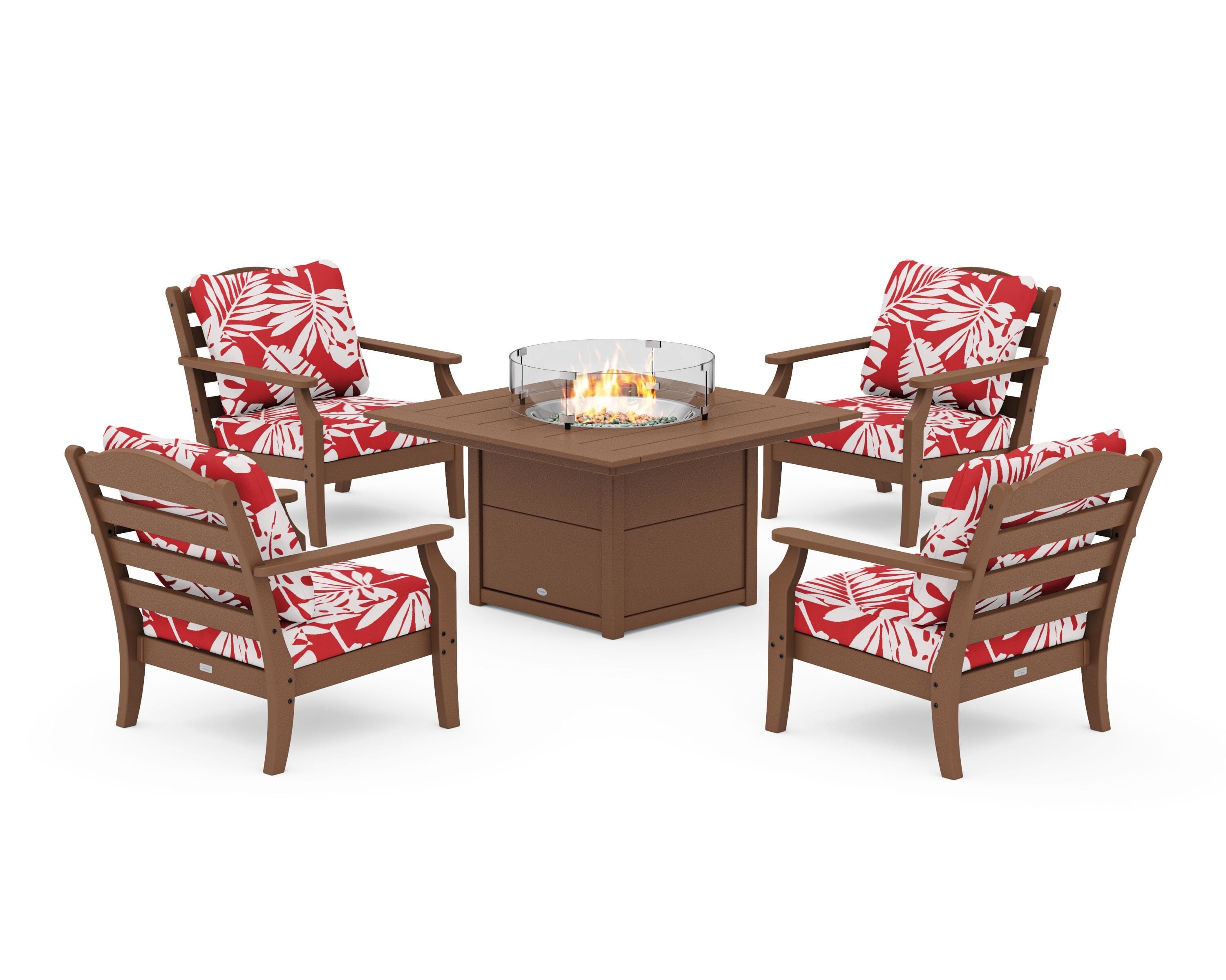 Draper James™ by  POLYWOOD® Savannah 5-Piece Deep Seating Set with Fire Pit Table in Teak / Leaf Crimson