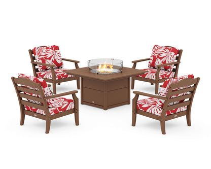 Draper James™ by  POLYWOOD® Savannah 5-Piece Deep Seating Set with Fire Pit Table in Teak / Leaf Crimson
