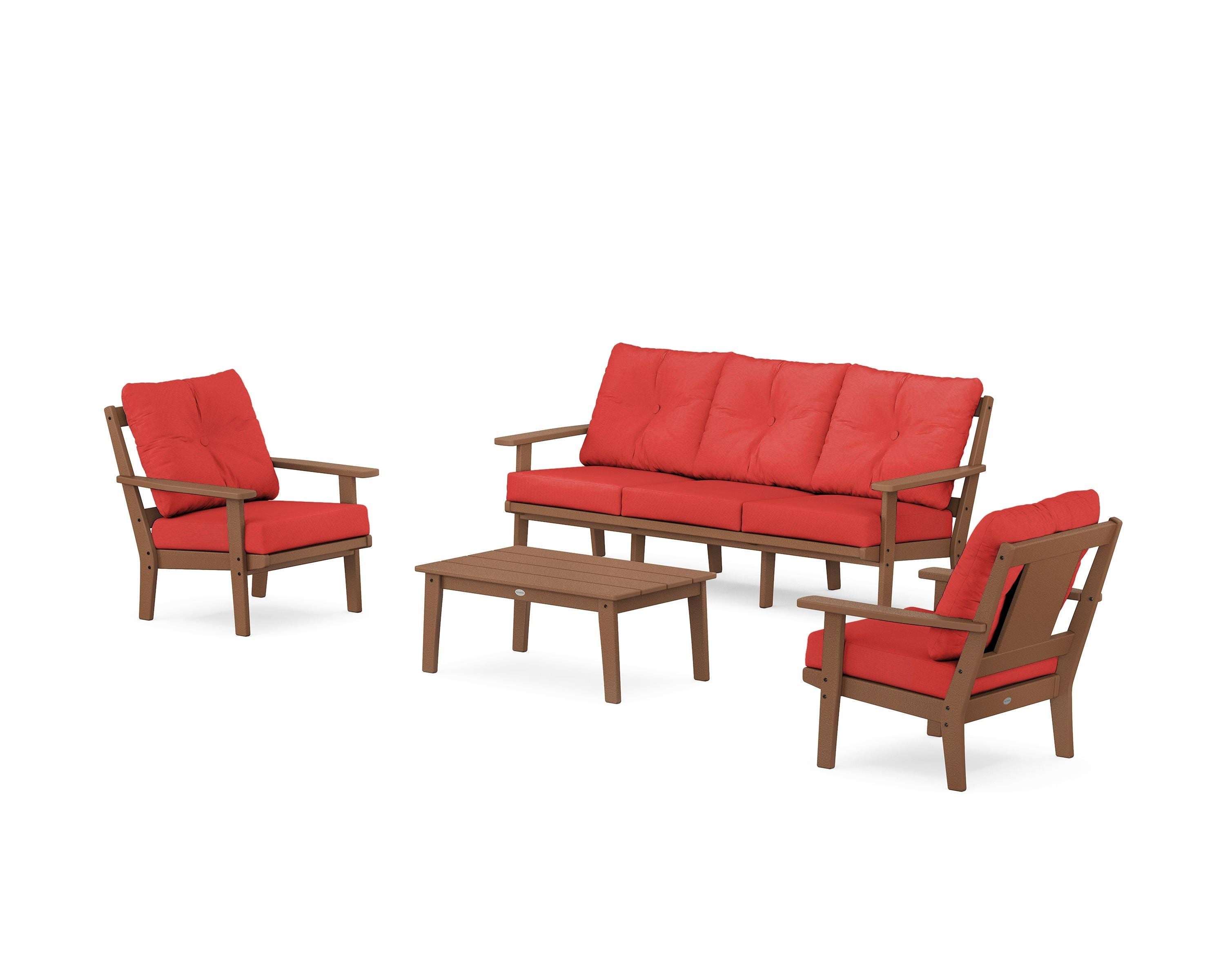 POLYWOOD® Prairie 4-Piece Deep Seating Set with Sofa in Teak / Crimson Linen