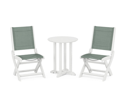 POLYWOOD® Coastal Folding Side Chair 3-Piece Round Bistro Dining Set in White / Dupioni Sea Mist Sling