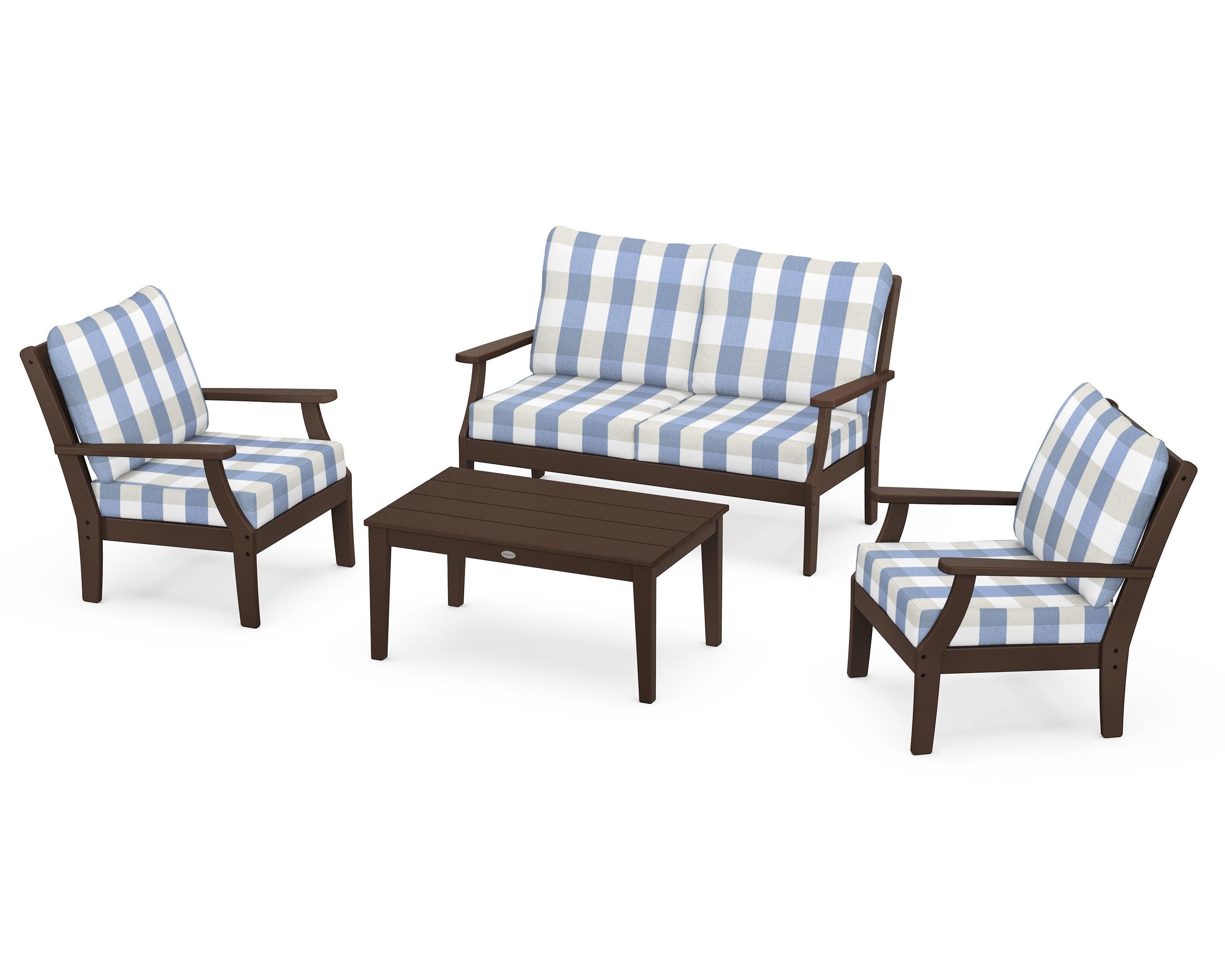 POLYWOOD® Braxton 4-Piece Deep Seating Chair Set in Mahogany / Buffalo Plaid Sky Blue