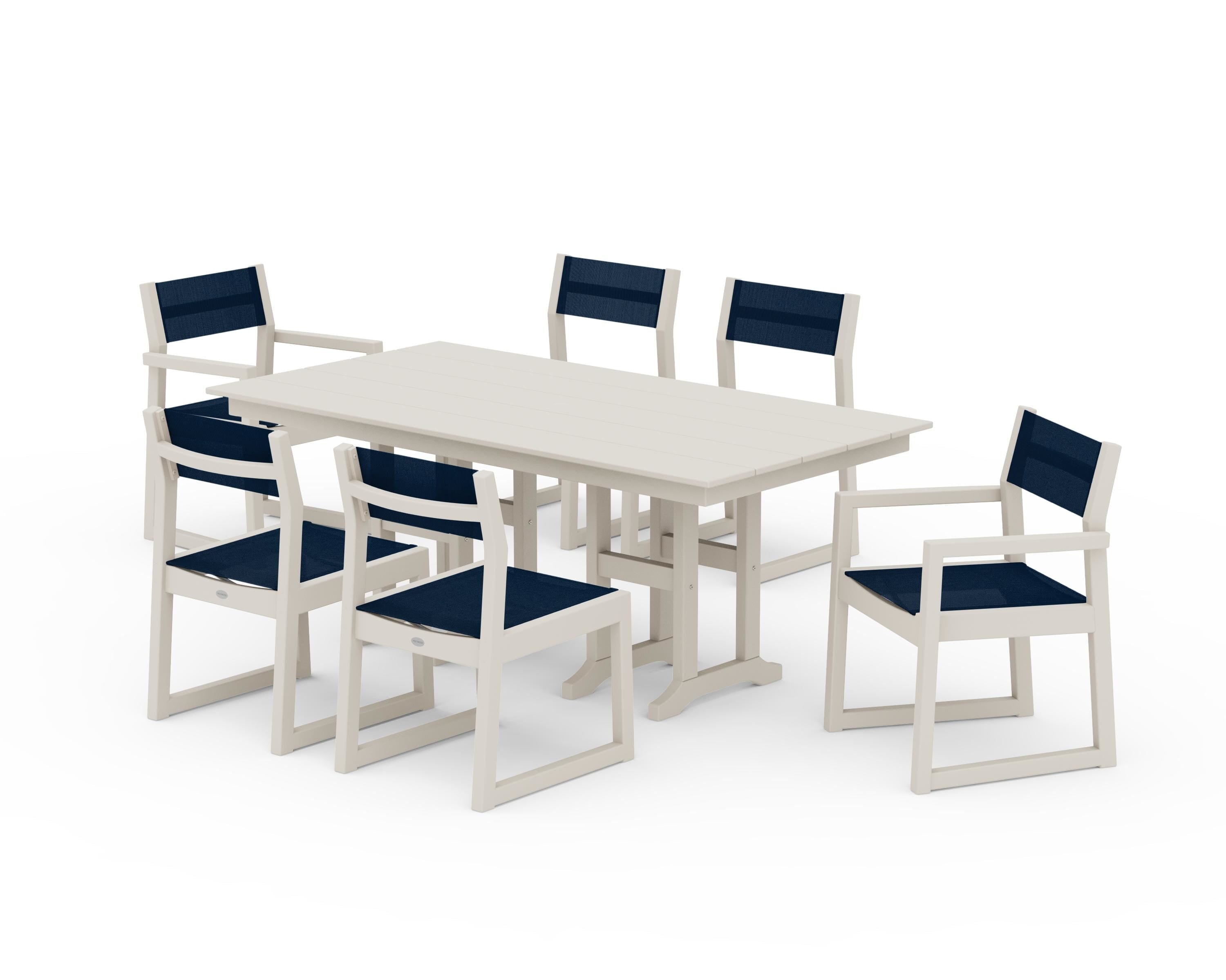 POLYWOOD® EDGE Sling 7-Piece Farmhouse Dining Set in Sand / Navy Blue Sling
