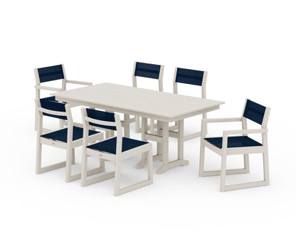 POLYWOOD® EDGE Sling 7-Piece Farmhouse Dining Set in Sand / Navy Blue Sling
