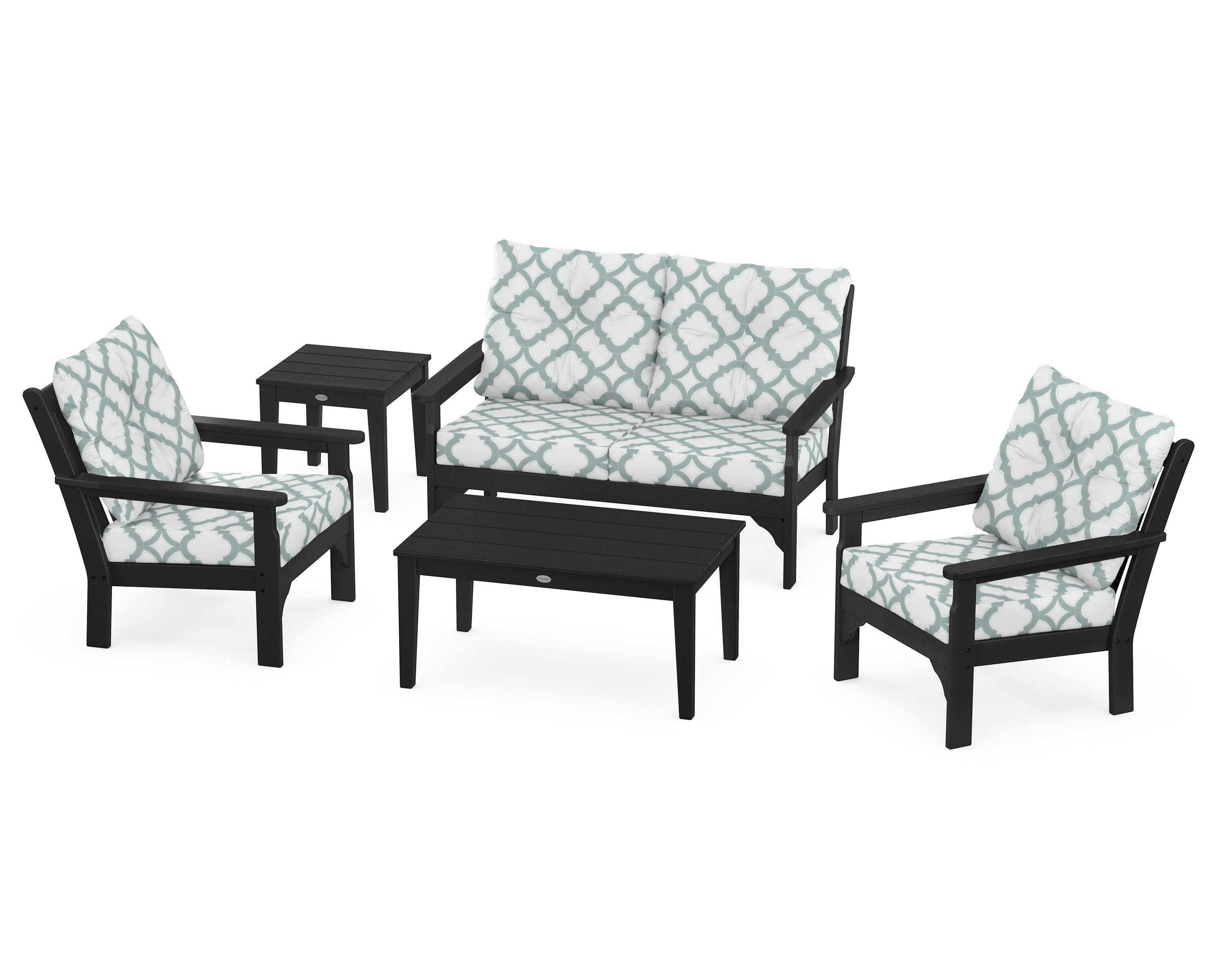 POLYWOOD® Vineyard 5-Piece Deep Seating Set in Black / Trellis Glacier Spa