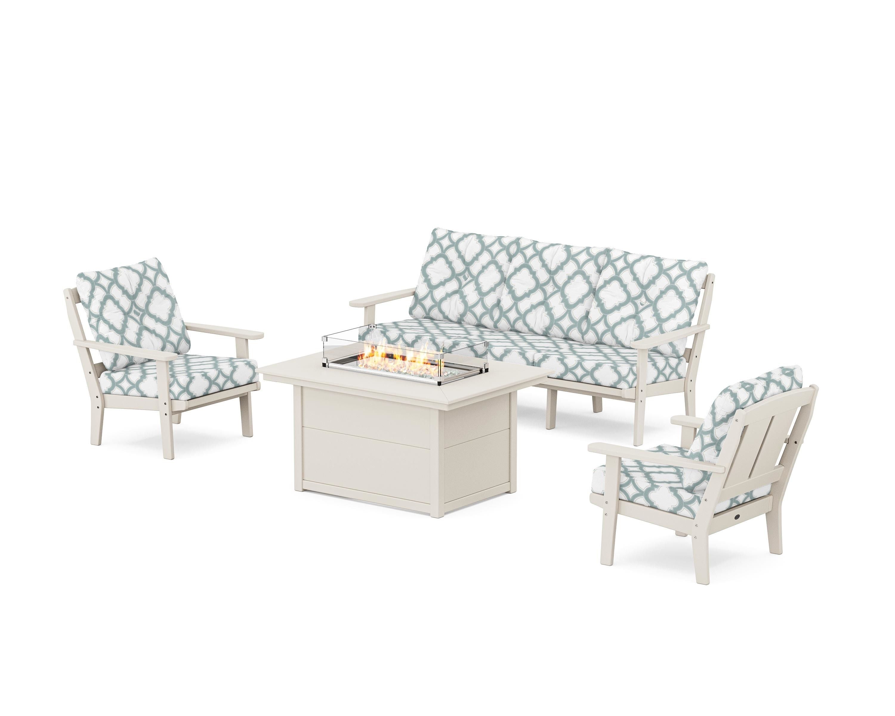 POLYWOOD® Mission Deep Seating Fire Pit Table Set in Sand / Trellis Glacier Spa