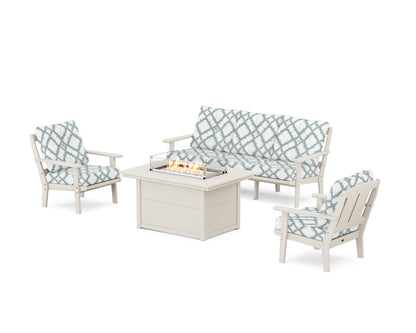 POLYWOOD® Mission Deep Seating Fire Pit Table Set in Sand / Trellis Glacier Spa