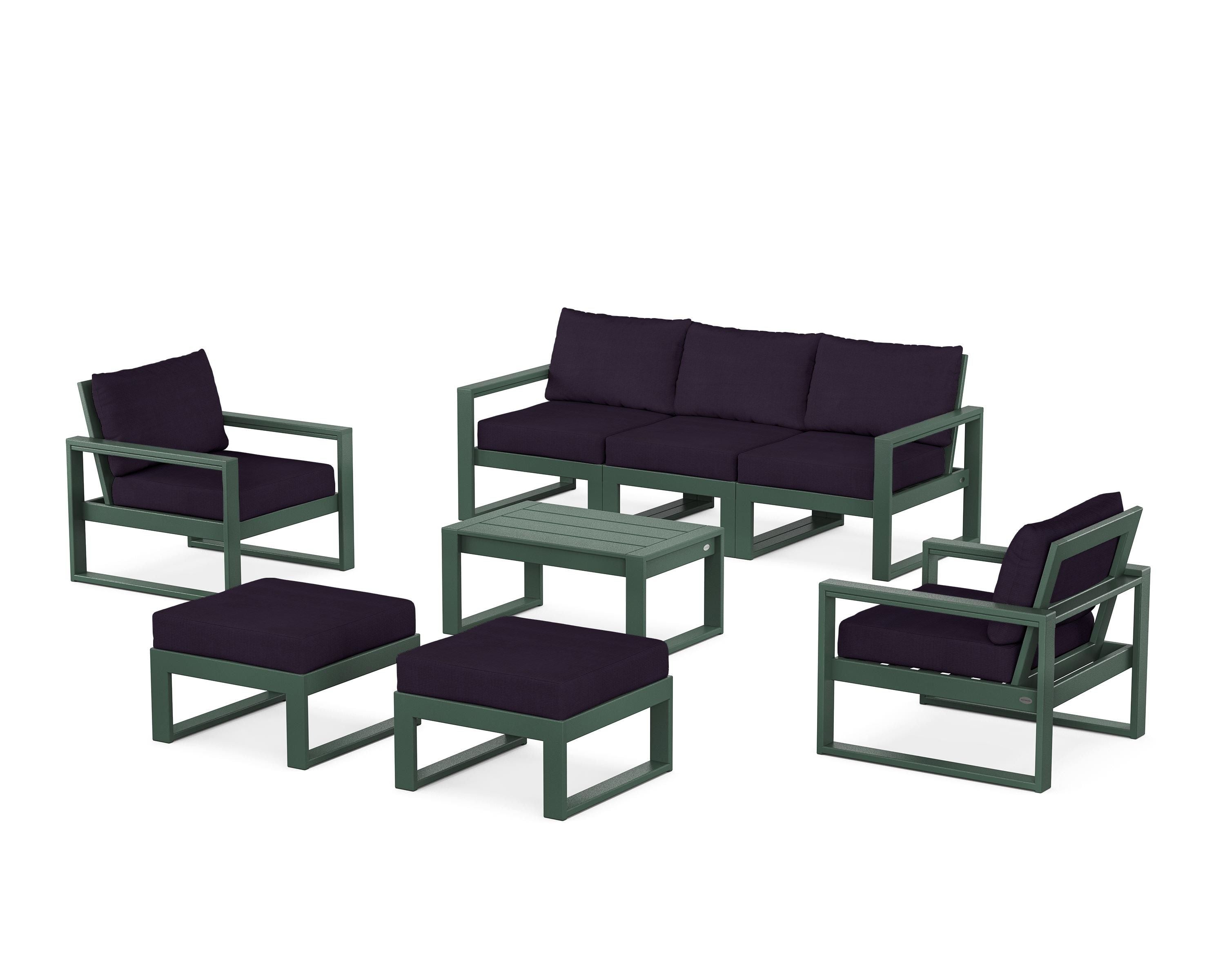 POLYWOOD® EDGE Sectional 8-Piece Lounge Sofa Set in Green / Navy Linen