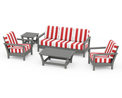 POLYWOOD® Harbour 5-Piece Deep Seating Set in Slate Grey / Cabana Stripe Crimson