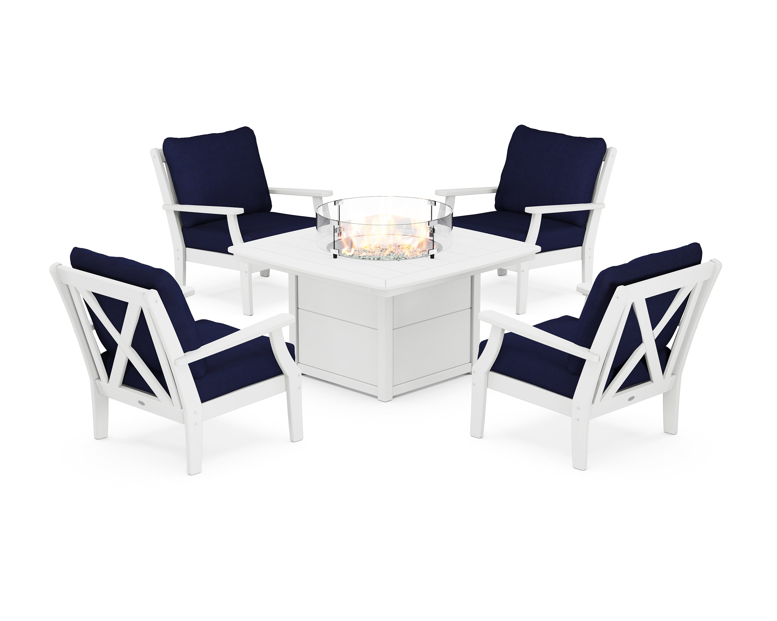 POLYWOOD® Braxton 5-Piece Deep Seating Conversation Set with Fire Pit Table in White / Navy
