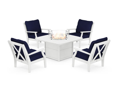 POLYWOOD® Braxton 5-Piece Deep Seating Conversation Set with Fire Pit Table in White / Navy
