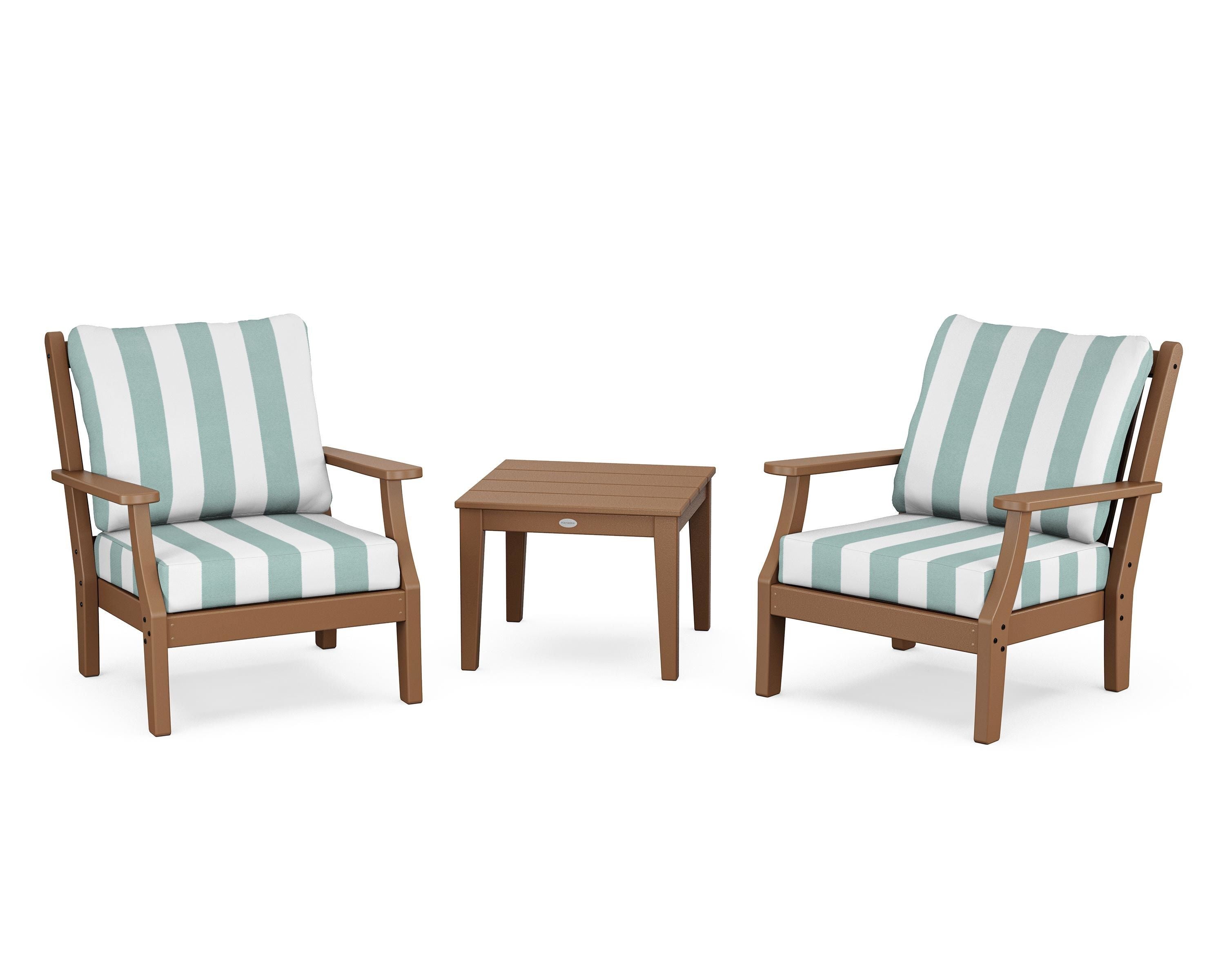 Country Living Wovendale 3-Piece Deep Seating Set in Teak / Cabana Stripe Glacier Spa