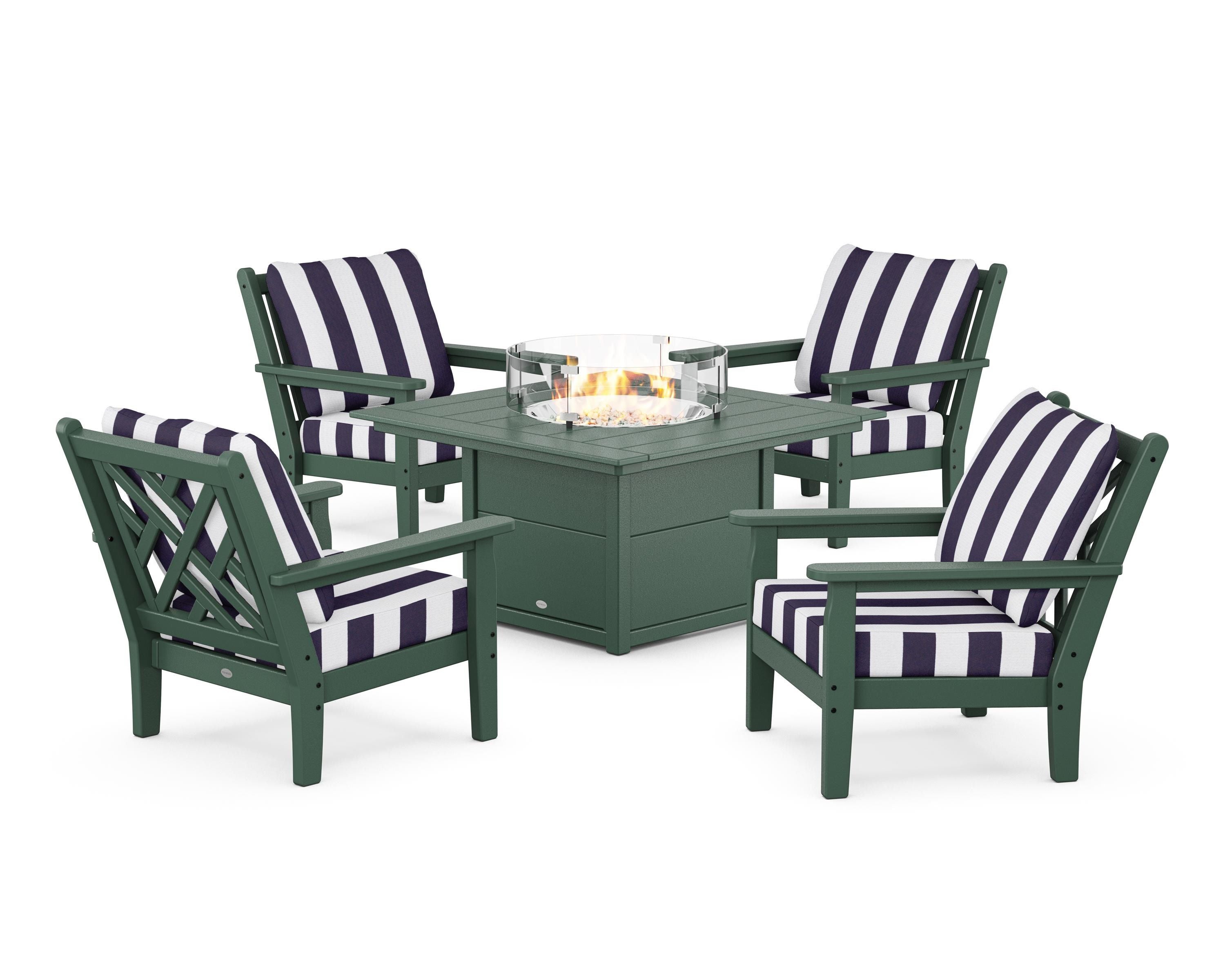 POLYWOOD® Chippendale 5-Piece Deep Seating Set with Fire Pit Table in Green / Cabana Stripe Navy