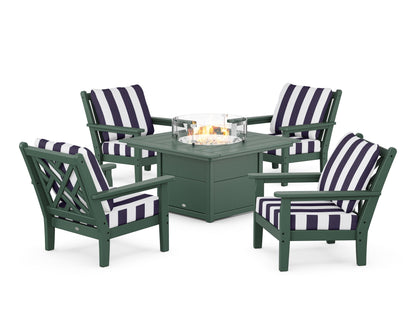 POLYWOOD® Chippendale 5-Piece Deep Seating Set with Fire Pit Table in Green / Cabana Stripe Navy