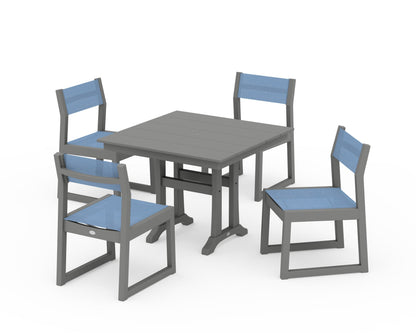 POLYWOOD® EDGE Sling 5-Piece Farmhouse Trestle Side Chair Dining Set in Slate Grey / Poolside Sling