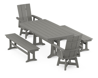 POLYWOOD® Modern Curveback Adirondack Swivel Chair 5-Piece Dining Set with Trestle Legs and Benches in Slate Grey