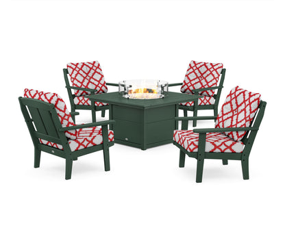 POLYWOOD® Mission 5-Piece Deep Seating Set with Fire Pit Table in Green / Trellis Crimson